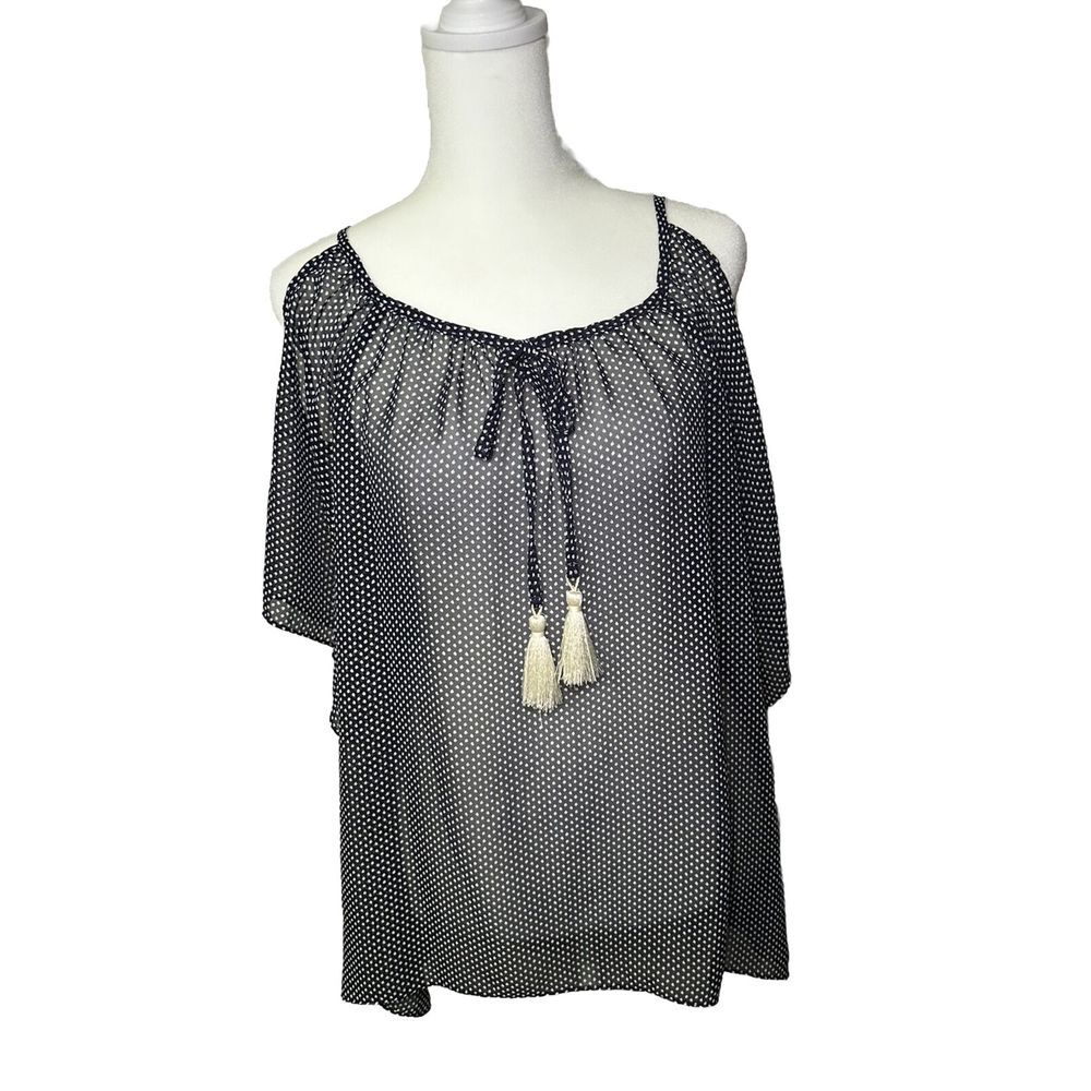 Veronica M Sheer Black W/ White Accent Cold Shoulder With Tassels‎ Size S